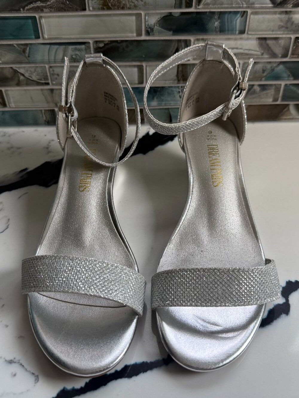 Silver metallic Size 6 low wedge summer sandals.
